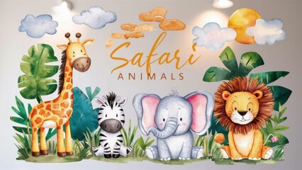 Fototapeta premium Cute cartoon safari animals, baby giraffe, zebra, elephant, lion, tropical leaves, fluffy clouds, wooden sign, watercolor texture, pastel colors, children's book illustration style, whimsical, adorabl
