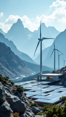 Obraz premium Mountainous landscape with sustainable energy facilities including wind turbines and solar panels.