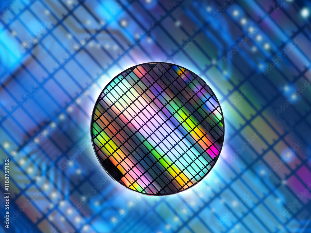Poster Microprocessor under microscope. Multi-colored cells on microboard. Enlarged semiconductor. Microprocessor with modern architecture. Technology background. Innovative microboard. 3d image
