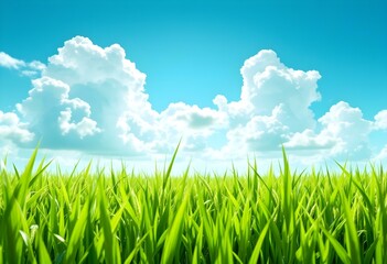 Fototapeta premium Bright green grass field under blue sky with fluffy white clouds. Fresh spring landscape. Nature background for eco, environment, or farming concepts. Space for text