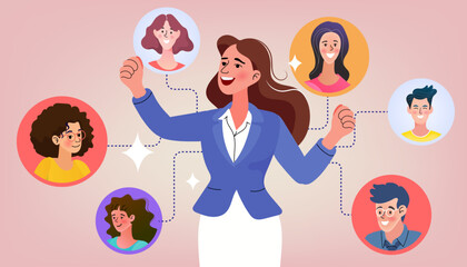 A confident female leader connects with her diverse team or online community. She successfully manages her network, representing leadership, business connections, and teamwork.