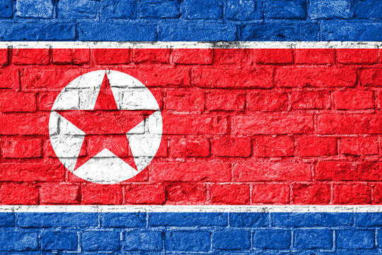 Flag of north Korea. DPRK symbol on brick wall. Stone fence in colors of north Korean flag. East Asia sign. North Korean flag is painted on wall. Political background DPRK. 3d image