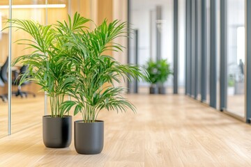 Fototapeta premium Modern Office Interior Design with Green Indoor Plants in Stylish Pots