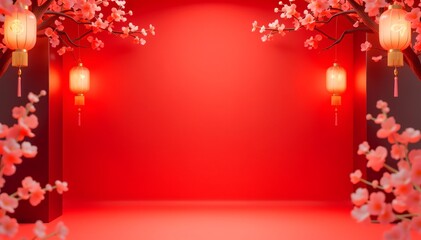 Elegant Lunar New Year Background with Lanterns and Cherry Blossoms on a Red Canvas