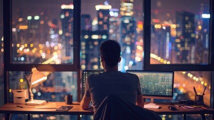 Man Working at Night with City View