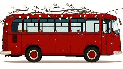 Red vintage bus decorated with winter branches and lights.