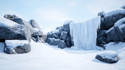 Frozen Waterfall in Winter Wonderland: A dramatic, icy waterfall cascades down a rocky cliff, frozen solid in the midst of a pristine winter landscape.