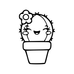a line art drawing cartoon of a cute cactus with face for coloring page