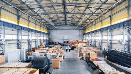 Storage for materials of mining, forklift for containers with workers. Concept banner logistics Warehouse industrial © Parilov