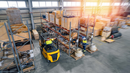 Banner logistics of industry plant. Top view of forklift in modern warehouse storage of mining factory, workshop space © Parilov