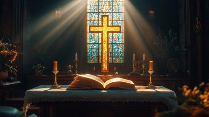 Luminous cross on altar basking in sunlight. Open holy bible symbolises faith, spirituality. Peaceful scene inside church. Divine light illuminates sacred space. Devotion, worship evident. Religious