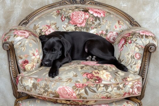 A black dog is laying on a floral chair - Powered by Adobe