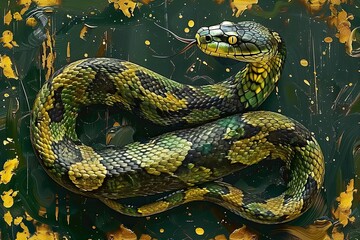 Fototapeta premium The artwork presents a vivid and detailed portrayal of a stunning green and yellow snake, gracefully coiled upon a richly textured dark background