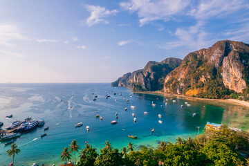 Amazing travel photo Thailand tropical paradise by drone. Aerial view Phi Phi island, Krabi Province