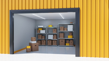 Warehouse with boxes. Self storage unit. Warehouse room with shelving. Industrial storage room....