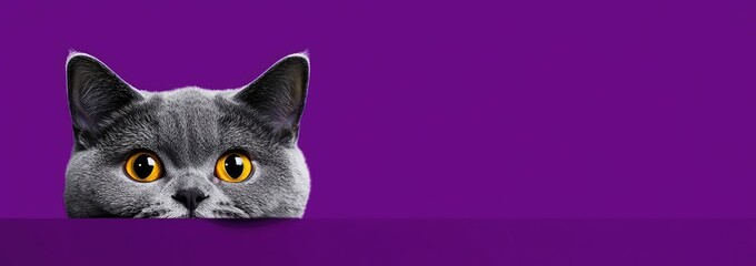 Obraz premium A British Shorthair cat with yellow eyes is peeking out from the bottom of an empty purple background, with its head tilted and ears perked up