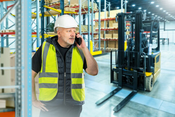 Man manager of warehouse company. Contractor with phone is standing in storage area. Forklift behind warehouse manager. Storage area with pallet racks. Warehouse director in yellow vest