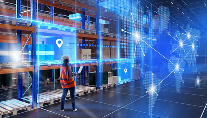 International logistics center. Woman warehouse manager near world map. Logistics chains between...