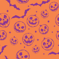 Halloween Spooky Jack-O-Lantern and Bats Seamless Pattern