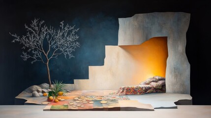 Surrealistic Scene with Coins, Fruits, and an Urban Landscape Depicted through Layers of Texture and Light in a Dreamlike Environment