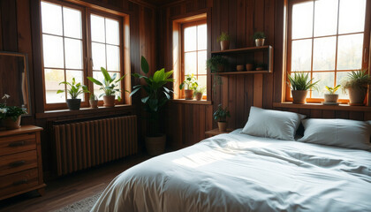 Cozy Bedroom with Wooden Walls and Plants by the Window