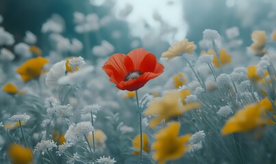 Obraz premium Single red poppy in a field of yellow and white wildflowers.