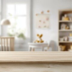 Picture a tranquil wooden tabletop set against a cozy baby room backdrop, perfect for displaying products and generating effective mockups that evoke warmth and an inviting atmosphere