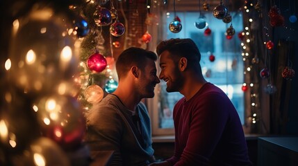 Obraz premium Adorable smiling gays LGBT couple celebrate Christmas holiday, Valentines day. Lgbtq couple smiling hugging, gay male couples