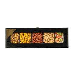 Black elegant gift box with dried fruits, hazelnuts, almonds, cashews, and pistachios.