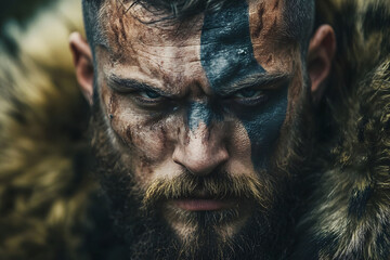 Portrait of a fierce Viking warrior, his face painted with tribal markings, intense gaze, rugged beard, and fur clothing. A dramatic close-up showcasing strength and determination.
