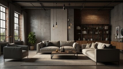 Fototapeta premium Living room interior in loft, industrial style, 3d render