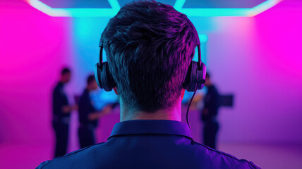 Rank Coordinator in Networking themed, person wearing headphones in vibrant event space with colorful lighting