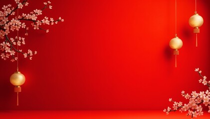 Minimalist Lunar New Year Background with Gold Lanterns and Cherry Blossoms on a Red Canvas