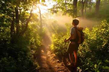 Man stands on forest trail under midday sun with sunlight filtering through trees