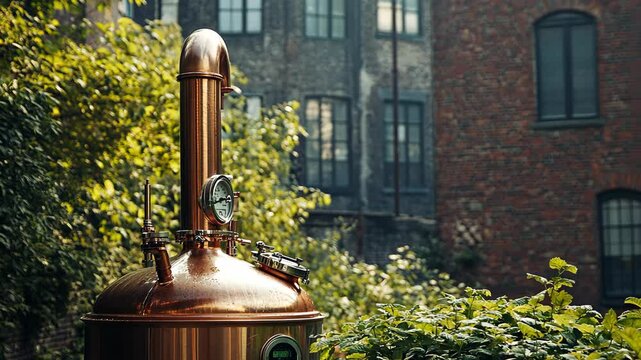 Copper distillery still surrounded by greenery in a vintage urban setting, showcasing craftsmanship and industry artistry