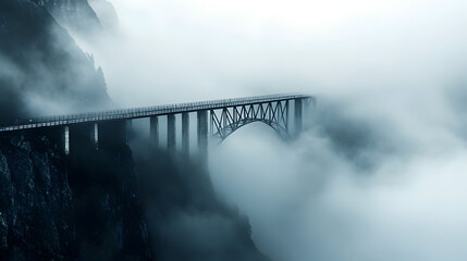 vanishing into dense fog, evoking a sense of mystery and adventure 