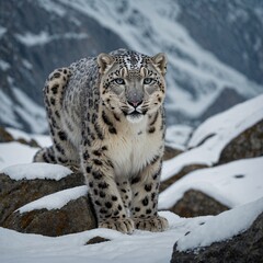 Fototapeta premium A snow leopard prowling in a snowy mountain landscape.A snow leopard prowling gracefully across the icy mountains.