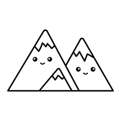 Cute mountains. Cute character, black and white kawaii illustration, coloring page.