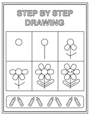 Cute flower. Book page, drawing step by step. Black and white vector coloring page.