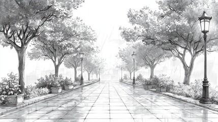 Monochrome pathway lined with trees and lampposts on a misty day.