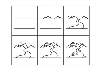 River. Step by step drawing. Coloring page, coloring book page. Black and white vector illustration.