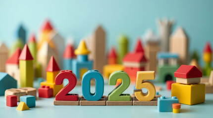 City assembled from colorful children's construction blocks with number 2025