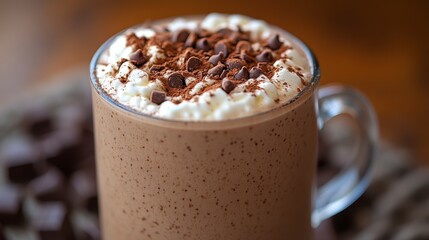 Close-up of a chocolate milkshake topped with whipped cream and chocolate shavings.