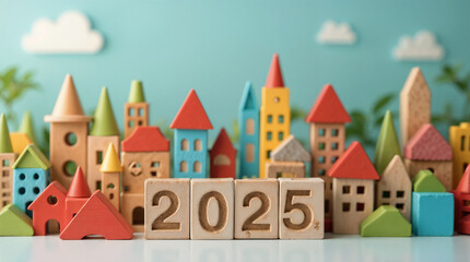 Obraz premium City assembled from colorful children's construction blocks with number 2025
