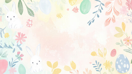 A sweet, hand-illustrated Easter card with a soft pastel rainbow gradient background, featuring small bunnies, eggs, and flowers, leaving space for personalized Easter wishes.
