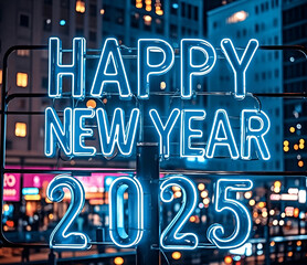 Happy New Year 2025 neon lettering.