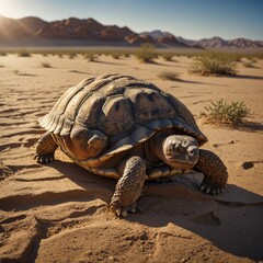 Obraz premium Tortoise on Sandy Desert Dunes: A lone desert tortoise navigating the golden sands of a sprawling desert.