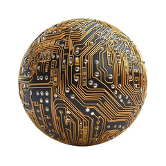 A spherical object featuring intricate circuit patterns in gold and black colors, resembling a modern technological design.