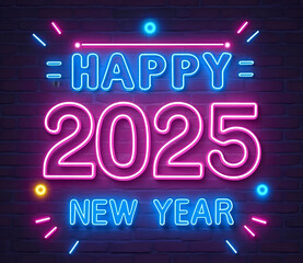 Happy New Year 2025 neon lettering.