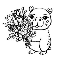 Cute doodle capybara with bunch of flowers. Vector hand drawn illustration